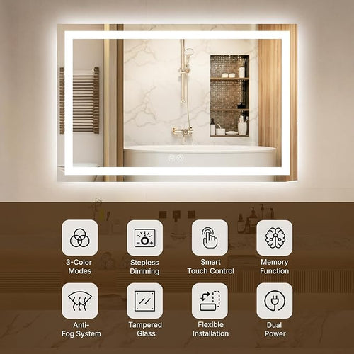 30 x 36 LED Vanity Mirror for Bathroom, Frontlit & Backlit LED Mirror for Bathroom with 3 Colour Lights, Wall Vanity Mirror with Anti-Fog, Shatterproof & Memory Function, Perfect for Modern Bathrooms