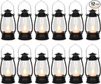 12Pcs Mini Lantern for Cowboy Halloween Christmas Wedding, Black 6" Candle Lantern with Flickering LED for Camping Western Party Decorations, Table Centerpiece, Hanging Lamp Ornaments Bulk