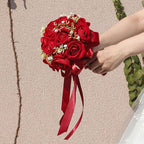 Wedding Bouquet Bride Flower Bridal Bouquets, Ribbon Artificial Rose Wedding Bouquets for Bride Bridesmaid Bouquet Dark Red Rose Bouquet Bride Bridesmaid Holding Flower for Wedding Decor