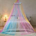 Obrecis Rainbow Bed Canopy for Girls, Princess Canopy Bed Curtains with 24 Colors Star Lights,Twin Bed Canopy Fits Single, Twin, Full, Queen Size Kids Bed