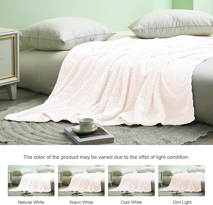 Exclusivo Mezcla Fleece Twin Size Blanket for Bed, 90x66 Inches Soft Cozy Jacquard Flannel Blankets, Lightweight Fuzzy Plush Warm for Winter, Off White