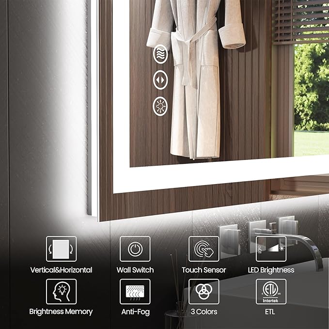 48"X36" LED Bathroom Mirror with Front Lights and Backlit, Anti-Fog, Dimmable, Shatter-Proof Tempered Glass, Lighted Bathroom Vanity Mirror for Wall with 3 Colors, Memory Function