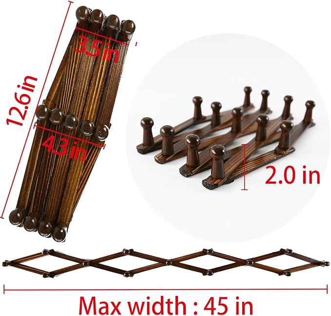 AMAPON Accordion Style Expandable Wall Wooden Coat Rack 13 Hooks (Pegs) Hang Hats Jackets Coffee Mug Purses Necklaces Towels Cap Leash Scarves Data Line Kitchenware (Walnut Color 2 Pack)