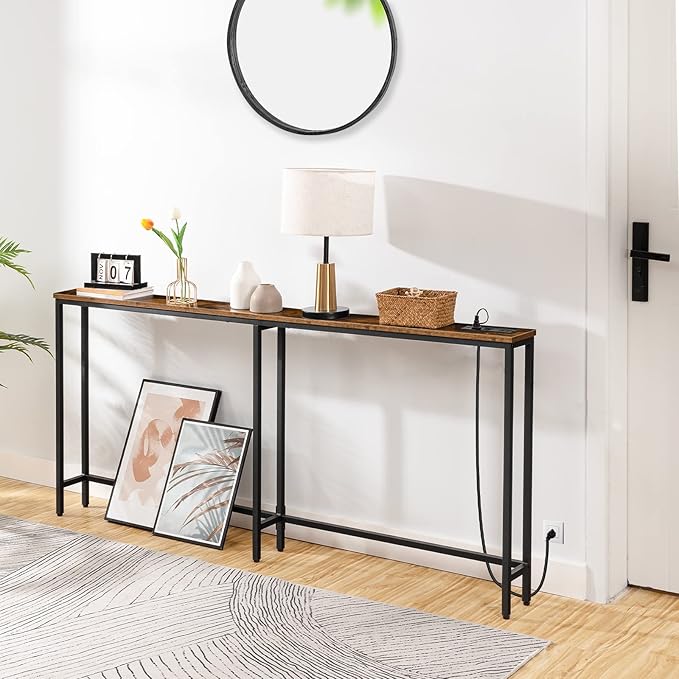 HOOBRO 63" Narrow Console Table with Charging Station, 5.9" Sofa Table with 2 Power Outlets and USB Ports, Long Entryway Tables Behind Couch Table, for Hallway, Living Room, Rustic Brown BF165UXG01