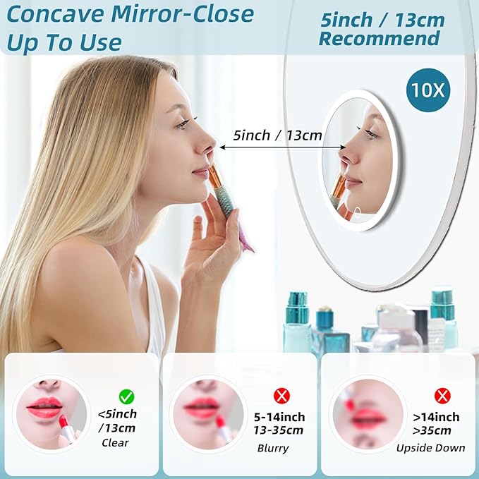 Lighted 10X Magnifying Mirror, 3 Color Modes Dimming Light, 6inch Large Rechargeable Magnified Mirror with 3 Suction Cups & 360° Stand, High Magnification Makeup Mirror with Tweezers & Scissors