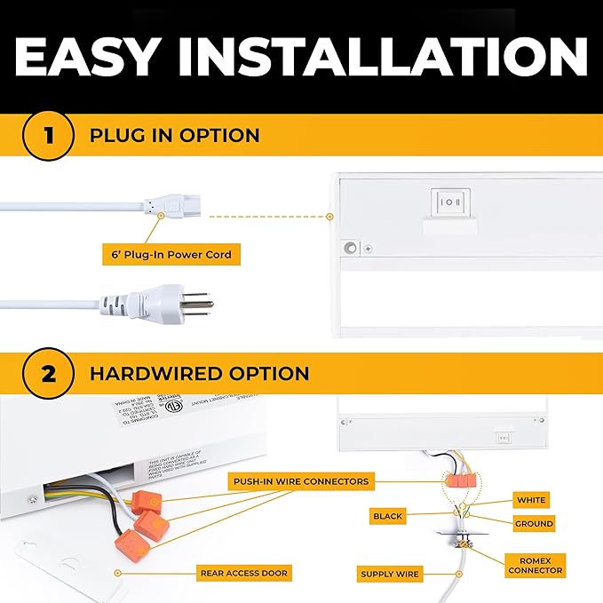 LED Under Cabinet Lighting Hardwired - 3CCT 24 Inch White Finish - Undercabinet Lights for Kitchen - Linkable Undercounter Dimmable Plug in Light or Hard Wired - Under Counter Fixture Direct Wire