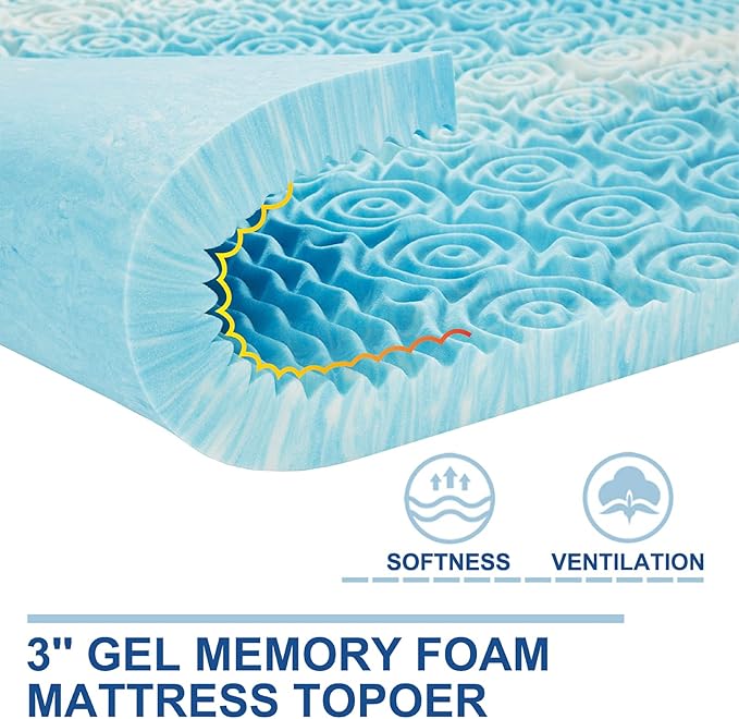 SINWEEK 3 Inch Mattress Topper 5-Zone Memory Foam Mattress Topper Pressure Relieve Soft Mattress Pad, CertiPUR-US Certified, Queen Size Blue