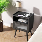 Mid Century Modern Nightstand, Side Table with Storage, Bedside Tables with Glass Door, End Table with Solid Wood Legs for Bedroom, Living Room and Small Spaces, Black