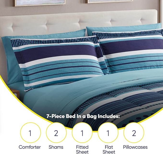 Sweet Home Collection 7 Piece Comforter Set Bag Solid Color All Season Soft Down Alternative Blanket & Luxurious Microfiber Bed Sheets, Marino, King