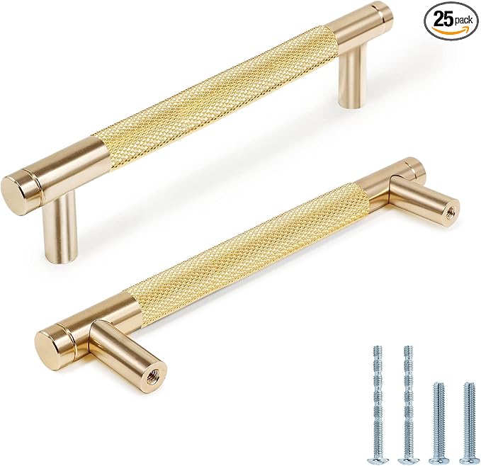 Knurled Cabinet Pulls 25 Pack, 6 Inch Long Cabinet Handles Metal Door Pulls, Kitchen Drawer Pull Knurled Dresser Handles - 5" Hole to Hole, Golden