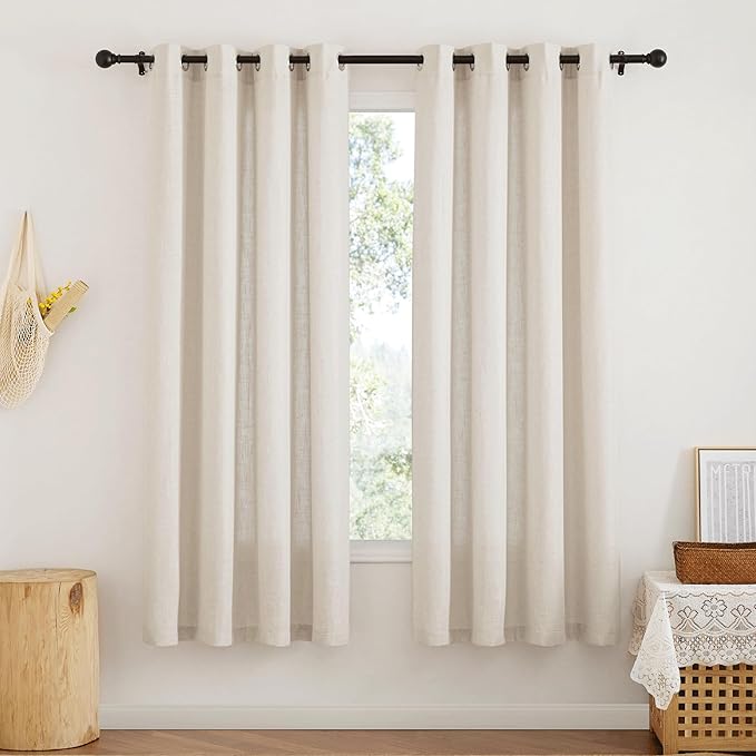 RYB HOME Linen Sheer Curtains - Semi Sheer Light Filtering Privacy Curtains, Country Rustic Window Draperies for Living Room Closet Nursery Doorway, W 52 x L 72, 2 Panels, Beige