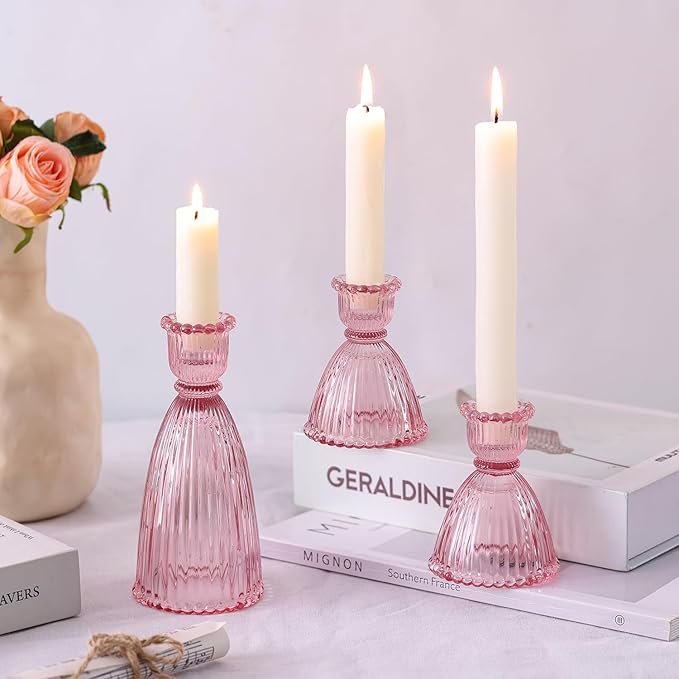 LAMORGIFT Pink Candle Holder Set of 6-4pcs 3.5"& 2pcs 6" Assorted Glass Pink Candlesticks Holder for Wedding Decor, Ribbed Taper Candle Holders Bulk for Bridal Shower, Home Table Centerpieces