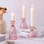 LAMORGIFT Pink Candle Holder Set of 6-4pcs 3.5"& 2pcs 6" Assorted Glass Pink Candlesticks Holder for Wedding Decor, Ribbed Taper Candle Holders Bulk for Bridal Shower, Home Table Centerpieces