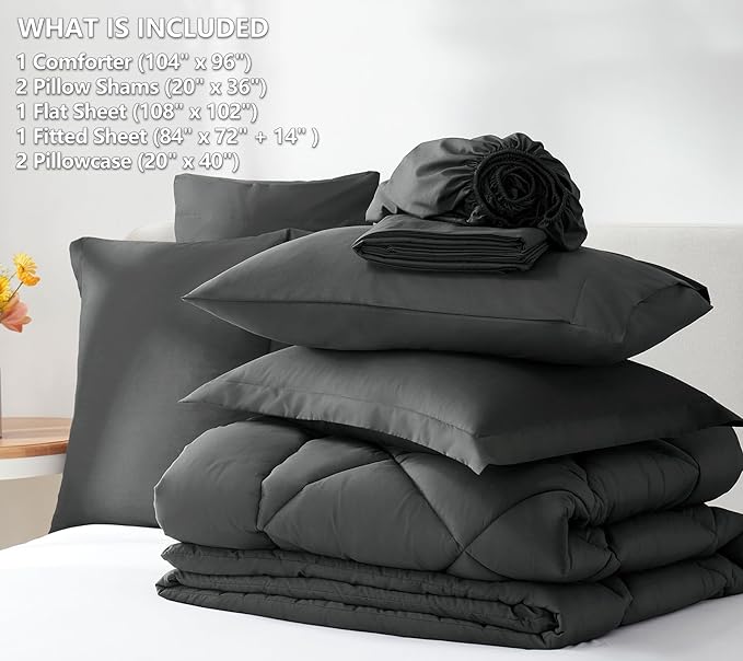 CozyLux California King Comforter Set Dark Grey - Cal King Bed in a Bag 7 Pieces, Luxury Soft Bed Set for All Seasons, Bedding Set with Down Alternative Comforter, Sheets, Pillowcases & Shams
