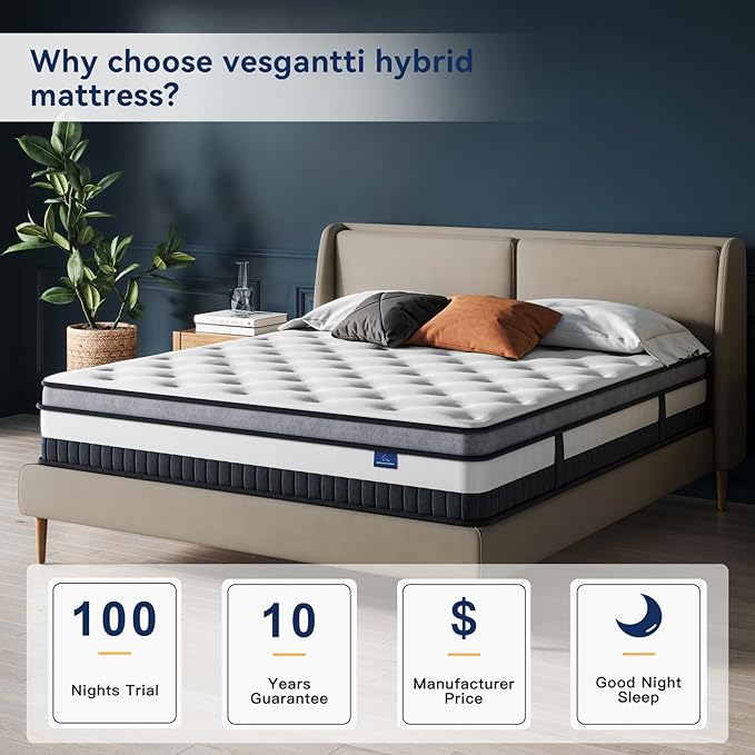 Vesgantti Twin XL Mattress 10 Inch Innerspring Multilayer Hybrid XL Twin Mattress - Ergonomic Design with Memory Foam and Pocket Spring Mattresses Twin XL Size - Box Top Series Medium Firm Feel