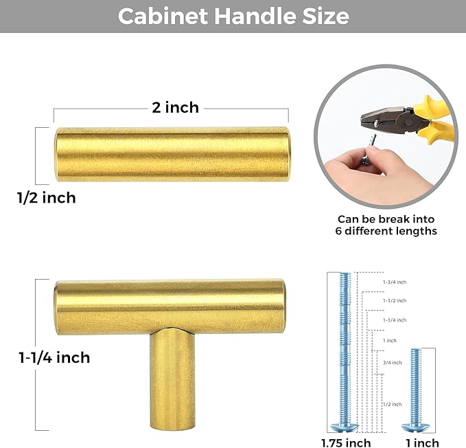 10 Pack Brushed Brass Cabinet Knobs - Kitchen Cabinet Knobs Gold Cabinet Pulls for Kitchen Cabinet Drawer Stainless Steel Dresser Knobs for Cabinet Hardware 2in Length Single Hole T Bar