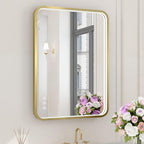 LED Bathroom Mirror with Lights, 20x28 Inch Brushed Gold Metal Frame LED Mirror for Bathroom, Stepless Dimmable 3 Colors Wall Mounted Lighted Bathroom Vanity Mirror, Anti-Fog, Memory