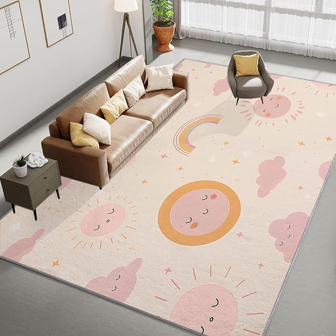 Living Room Area Rug 5x8 ft Cartoon Sun Rainbow Washable Non-Slip Area Rug, 3D Print Low-Pile Carpet for Bedroom, Kids Room, Nursery, Home Decor Rugs