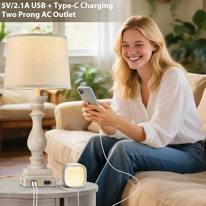 28" Farmhouse Table Lamps Set of 2 with USB C+A Ports and AC Outlet, 3 Way Touch Tall Vintage Bedside Lamp for Living Room, Beige Rustic Nightstand Lamp for Bedroom Office