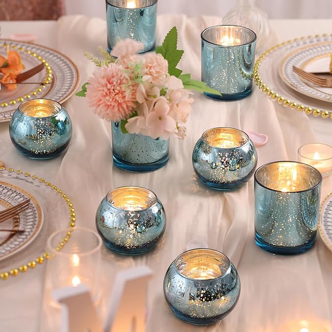 10 Pcs Assorted Lake Blue Votive Candle Holders, Larger Size Mercury Glass Candle Holder, Tealight Candle Holders for Wedding Decorations, Bridal Shower Table Decorations, Lake Blue Centerpieces