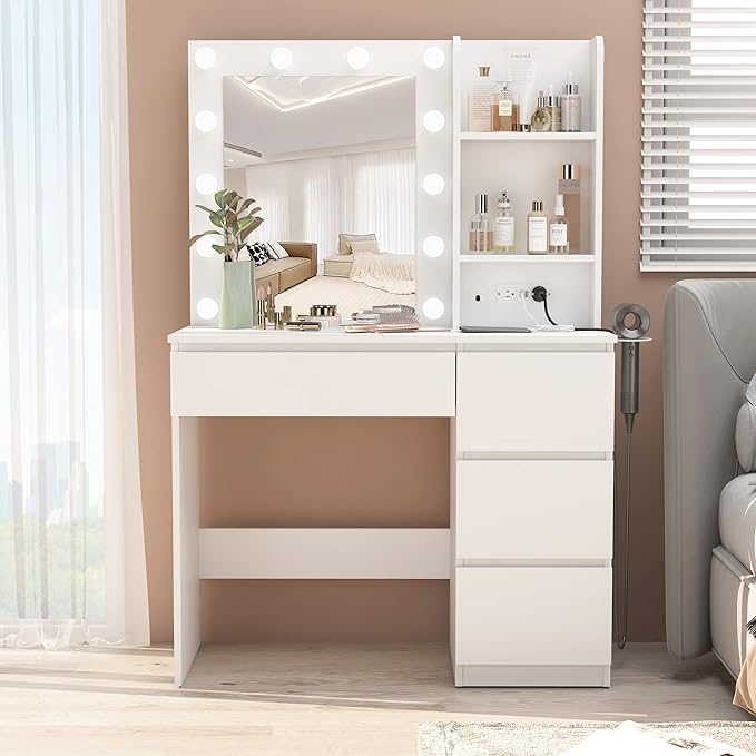 Vabches Makeup Vanity with Lights, 37inch Vanity Desk with Power Strip, 4 Drawers Makeup Table with Lighted Mirror, 3 Lighting Colors, White