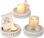Hanobe Wood Plate Candle Holder: Small Candle Plate Set of 3 Decorative White Washed Beaded Holders Tray Round Candle Stick Holders Farmhouse Table Centerpiece for Fireplace Dining Room Home Decor