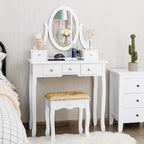 CHARMAID Vanity Table Set with Rotatable Oval Mirror, Bedroom Makeup Table with 5 Drawers for Women Girls, Dressing Table with Cushioned Stool (White)