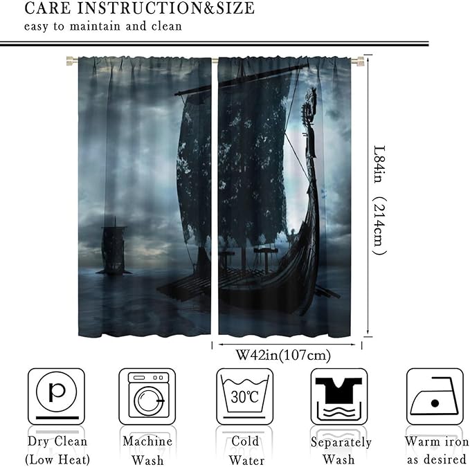 Viking Ship Curtains, Night Scene with Black Vikings Dragon Ship Sailing, Vintage Ancient Scandinavian Nautical Print Blackout Window Drapes for Boys Bedroom Living Room 84x84in