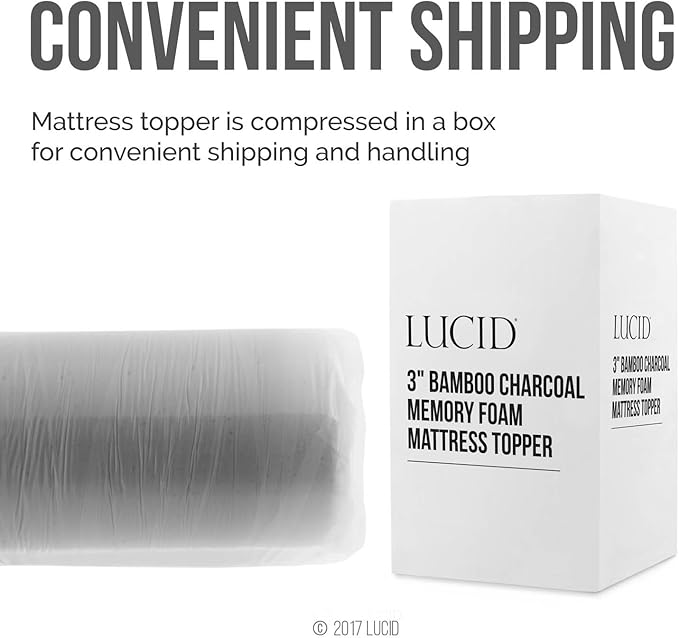 Lucid 3 Inch Ventilated Bamboo Charcoal Memory Foam Mattress Topper, CertiPUR-US Certified, Moisture and Odor Control-Queen