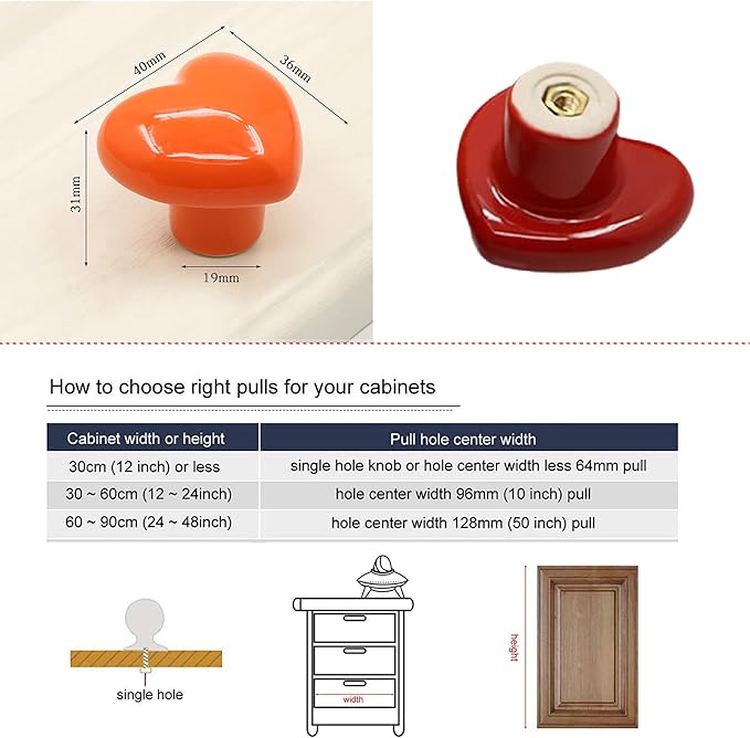 HUAMULAN 15PCS Glossy Ceramic Knobs Heart Shape Cabinet Dresser Kids Child Pulls Door Handles Cupboard Wardrobe Drawer