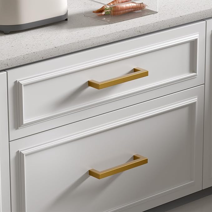goldenwarm 5 Pack Champagne Bronze Cabinet Pulls Bronze Drawer Pulls 4 Inch Kitchen Cabinet Handles Champagne Gold Drawer Handles T Bar Square Hardware for Kitchen Bedroom Cupboard, 102mm Hole Center
