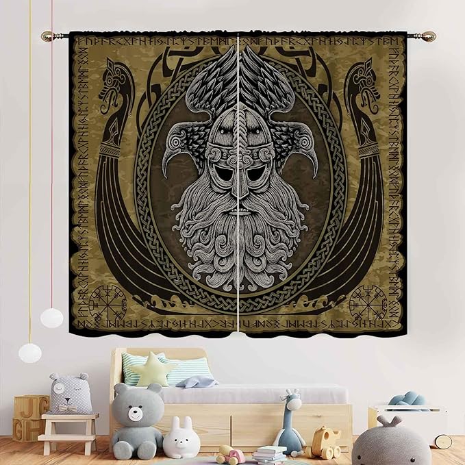 Norse Viking Curtains, Nordic Warriors Sword Celtic Rune Scandinavian Aesthetic Nation Valknut Mythology Window Drapery for Bedroom Living Room Bathroom 2 Panels, 42"x54" Inch