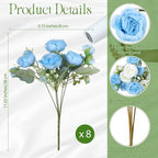Geosar 8 Bundles Artificial Peonies Flowers Fake Silk Peony Bouquet Faux Peonies Flowers Bulk for Decoration Vase Floral Arrangements Wedding Party Table (Blue,White)
