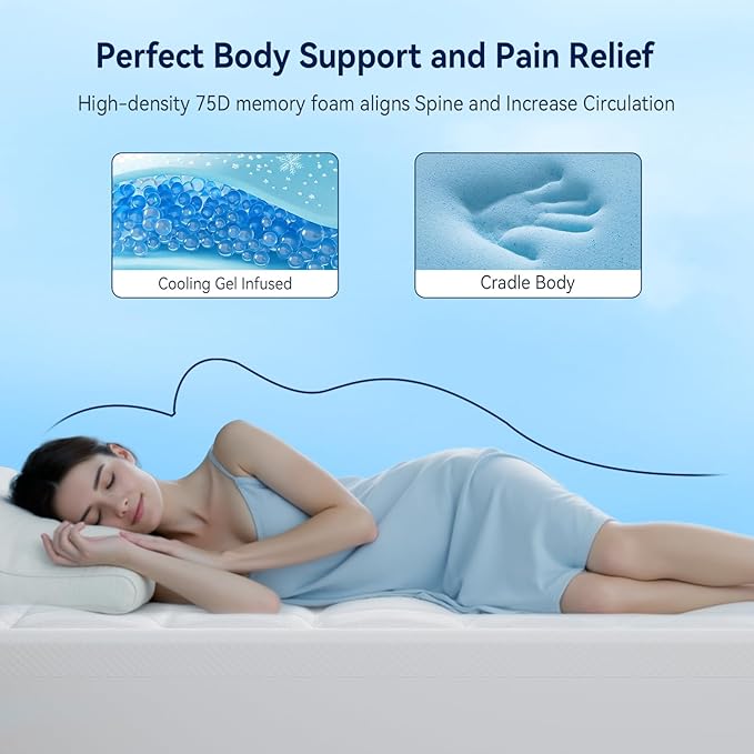 ELEMUSE Queen Size Dual Layer 3 Inch Memory Foam Mattress Topper, 2 Inch Cooling Gel Memory Foam Bed Pad and 1 Inch Soft Pillow Top Mattress Pad for Back Pain Relief & Hot Sleepers