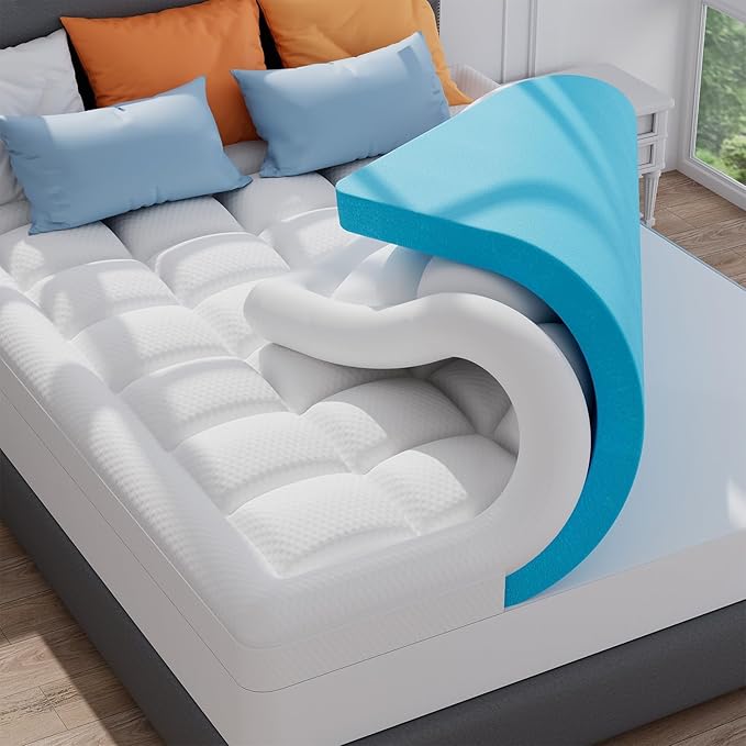ELEMUSE King Size Dual Layer 3 Inch Memory Foam Mattress Topper, 1 Inch Plush Feel Pillow Top Mattress Topper Cover and 2 Inch Cooling High Density Memory Foam Bed Pad for Back Pain Relief