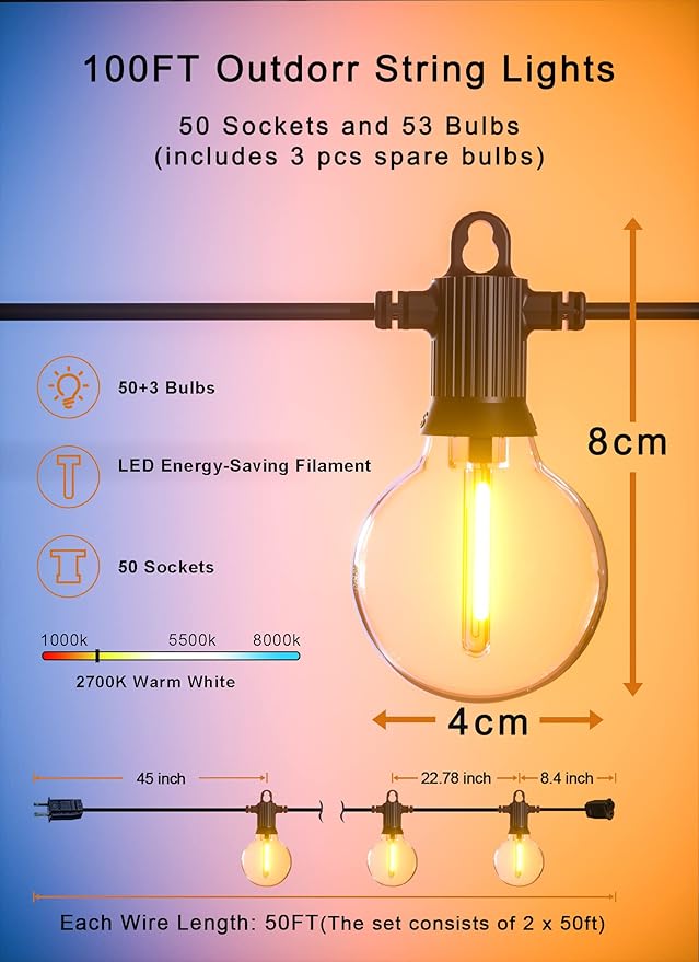Outdoor String Lights Waterproof, 100FT LED Patio Lights with 53 Shatterproof G40 Globe Bulb(3 Spare), Connectable Dimmable Outside Hanging Lights for Backyard Porch Balcony Gazebo (2x50FT)