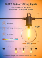 Outdoor String Lights Waterproof, 100FT LED Patio Lights with 53 Shatterproof G40 Globe Bulb(3 Spare), Connectable Dimmable Outside Hanging Lights for Backyard Porch Balcony Gazebo (2x50FT)