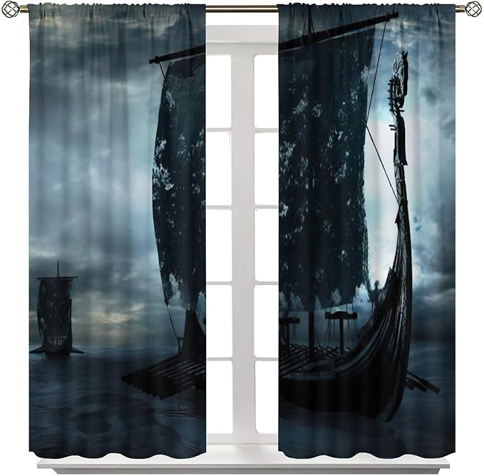 Viking Ship Curtains, Night Scene with Black Vikings Dragon Ship Sailing, Vintage Ancient Scandinavian Nautical Print Blackout Window Drapes for Boys Bedroom Living Room 52x84in