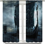 Viking Ship Curtains, Night Scene with Black Vikings Dragon Ship Sailing, Vintage Ancient Scandinavian Nautical Print Blackout Window Drapes for Boys Bedroom Living Room 52x84in