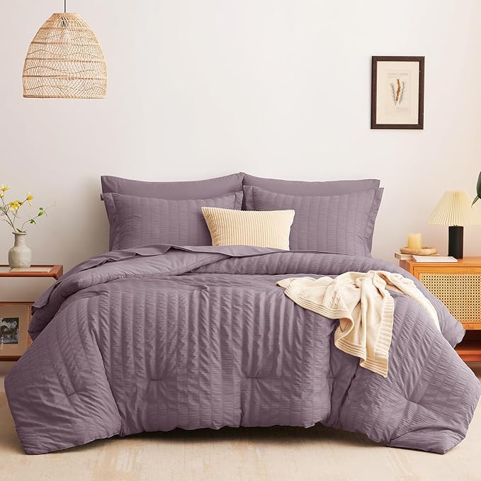 CozyLux Full Size Comforter Sets with Sheets Seersucker 7 Pieces Dusty Purple Bed in a Bag Textured Luxury Soft Bedding Set with Down Alternative Comforter, Sheets, Pillowcases & Shams for All Seasons