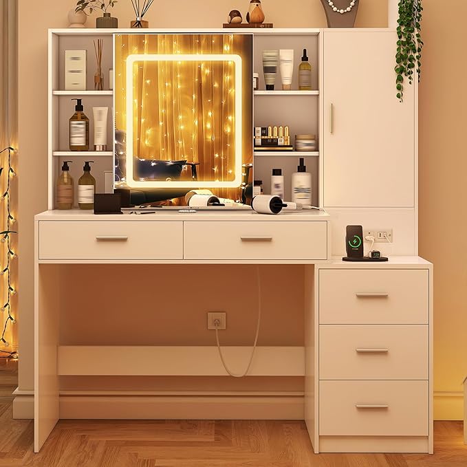 Quimoo Vanity Desk with Lighted Mirror and Power Outlet, Makeup Vanity Desk with 5 Drawers and Cabinet, Hidden and Open Shelves, White Vanity Table Set with 3 Color Lighting