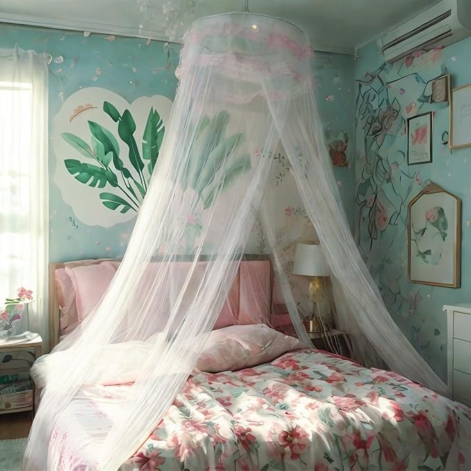 Eimilaly Lace Bed Canopy Mosquito Netting, Princess Bed Canopy for Girls Room Decor, White/Single Door