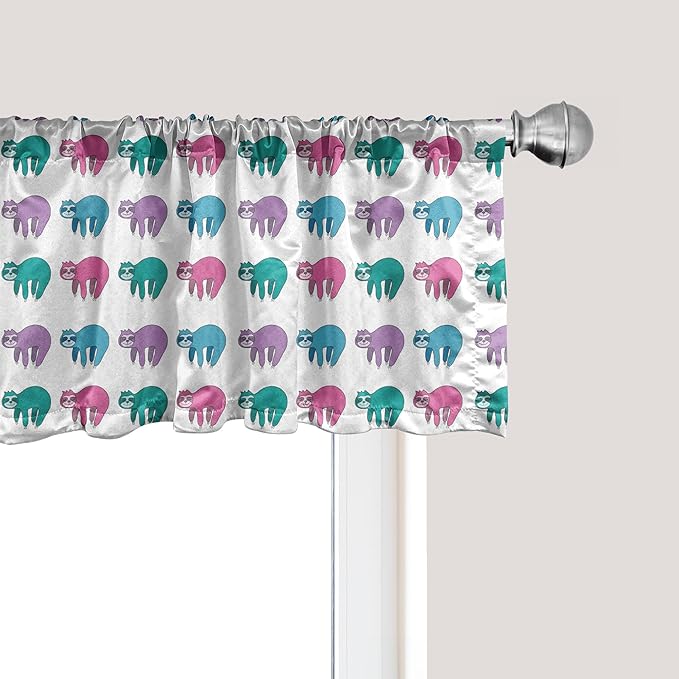 Ambesonne Funny Sloth Window Valance, Colorful Art Repeating Lazy Animal on Plain Backdrop, Curtain Valance for Kitchen Bedroom Decor with Rod Pocket, 54" X 18", Dark Seafoam Pink
