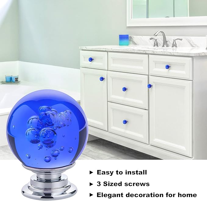10 PCS Crystal Cabinet Knobs Round Glass Bubbles Dresser Knobs Smooth Drawer Knobs Handle for Home, Cabinet, Drawer and Dresser Hardware with 3 Different Size Screws, 30MM (Blue)
