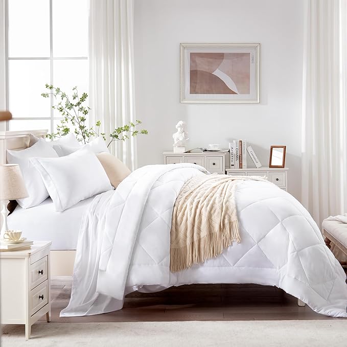 Love's cabin King Size Comforter Set White, 7 Pieces King Bed in a Bag, All Season Bedding Sets with 1 Comforter, 1 Flat Sheet, 1 Fitted Sheet, 2 Pillowcase and 2 Pillow Sham