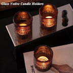 15Pcs Glass Votive Candle Holders, Amber Tea Light Candle Holders Vintage Fall Tealight Candle Holder Bulk for Autumn, Thanksgiving Table Centerpieces, Christmas Decor (Amber)