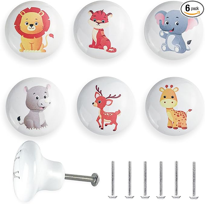6PCS 1.5" Cute Funky Safari Animals Ceramics Drawer Pulls Lion Knobs Nursery Kids Room Unique Cabinet Decor Dresser Knobs(Lion)