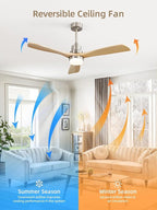 Sofucor 52 Inch Smart Ceiling Fans with Lights and Alexa/Google Assistant/APP/Remote Control-Modern Outdoor 3 Solid Wood Blades Ceiling Fan for Bedroom Living Room Patio, Sandy Nickel&Natural Wood