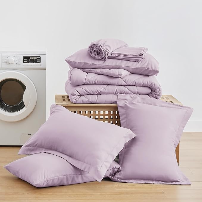 Love's cabin Full Comforter Set Light Purple, 7 Pieces Full Bed in a Bag, All Season Bedding Sets with 1 Comforter, 1 Flat Sheet, 1 Fitted Sheet, 2 Pillowcase and 2 Pillow Sham
