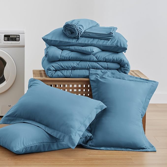 Love's cabin Queen Comforter Set Misty Blue, 7 Pieces Queen Bed in a Bag, All Season Bedding Sets with 1 Comforter, 1 Flat Sheet, 1 Fitted Sheet, 2 Pillowcase and 2 Pillow Sham
